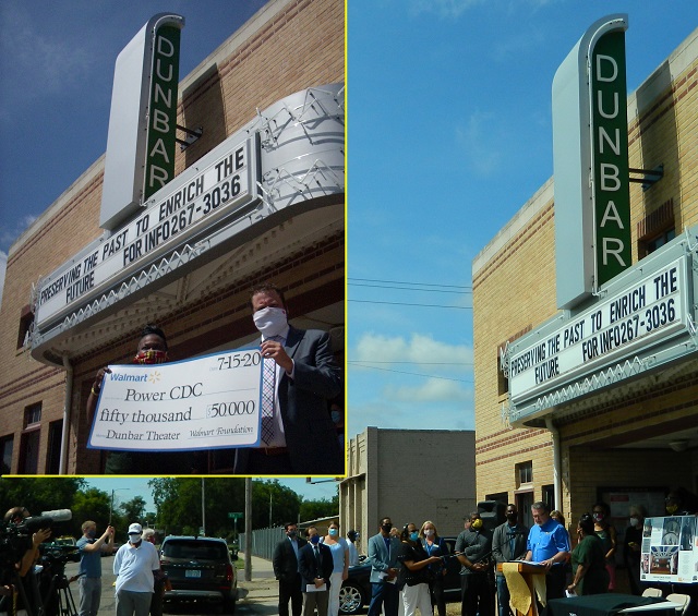 
ABOVE: Sen. Faust-Goudeau receives $50,000 check from Walmart representative Ryan Irsik (inset).  In the larger photo, Lieutenant Governor Lynn Rogers addresses the crowd, expressing delight at the community support -- and Walmart contribution -- for the Dunbar Theater restoration, while Senator Faust-Goudeau, Mayor Whipple, Councilman Johnson, Walmart representatives and community leaders await their turns to join in the praise.
